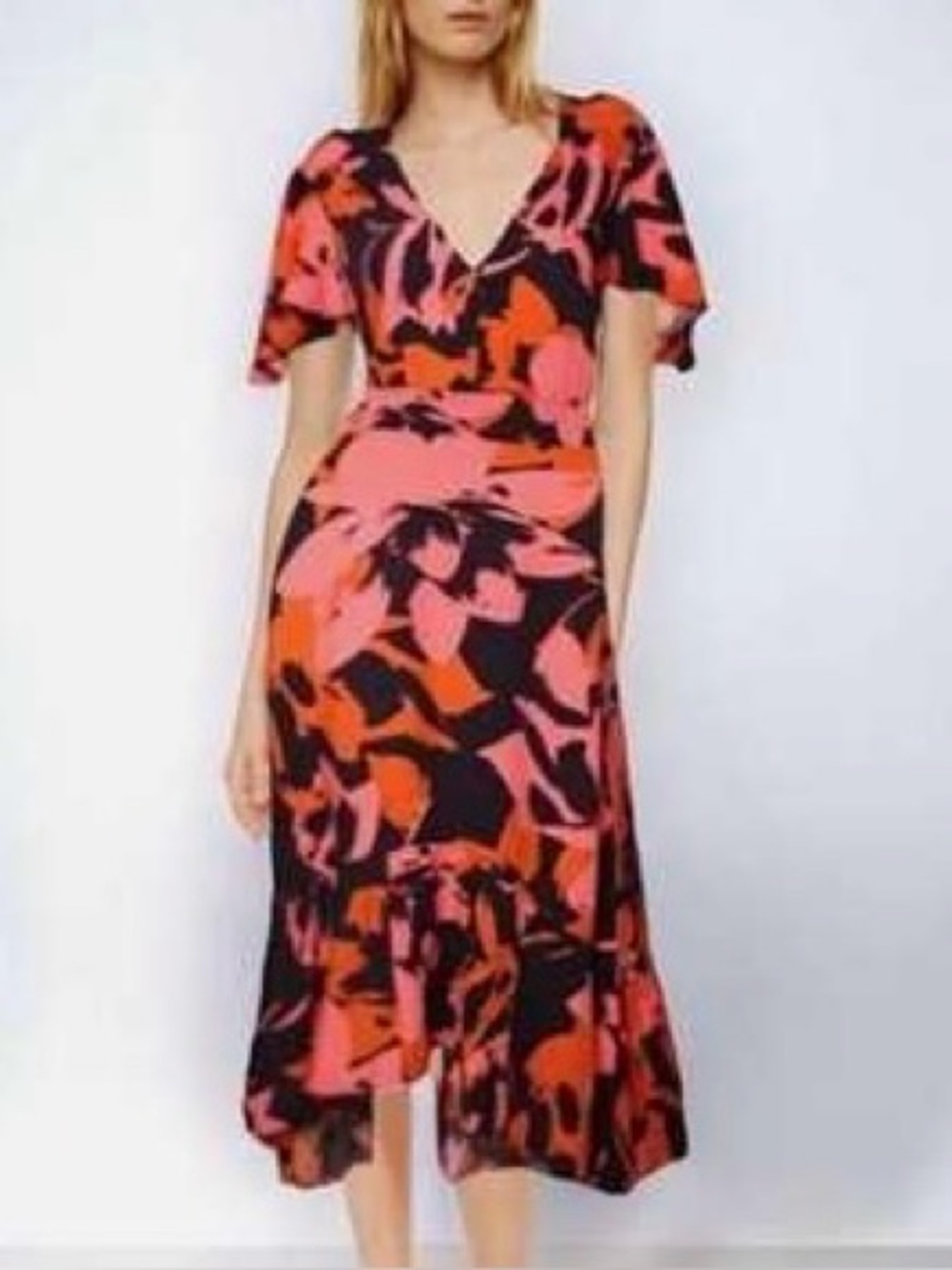 Abel The Label Dress Womens Small Pink Orange Navy Floral Button Midi Ruffle Hem